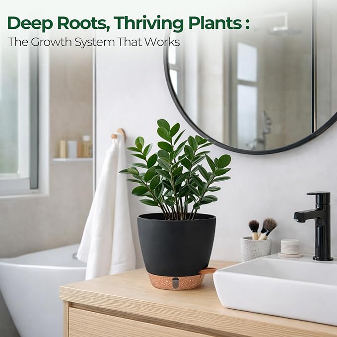 T4U 2 Pack 8 Inch Self Watering Pots - Water Level Indicator & Deep Reservoir, Mess-Free Planter for Busy People, Beginners & Gardeners, Pothos/Herbs/Snake Plants, Indoor Outdoor Use (Black)