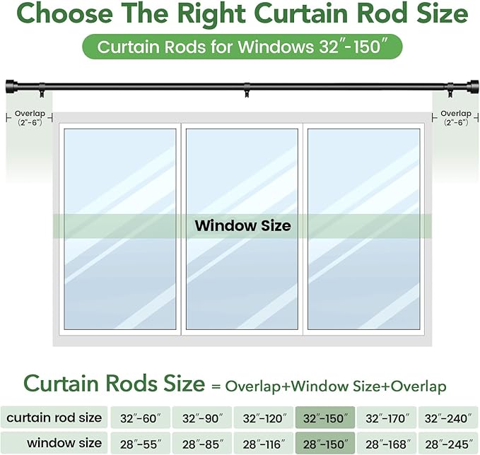 Time Forest Black Curtain Rods for Windows 32 to 150 Inch (2.6-12.5 Feet), 1 Inch Diameter Adjustable Heavy Duty Extra Long Curtain Rod, Modern Style Indoor Outdoor Window Drapery Rods with End Caps