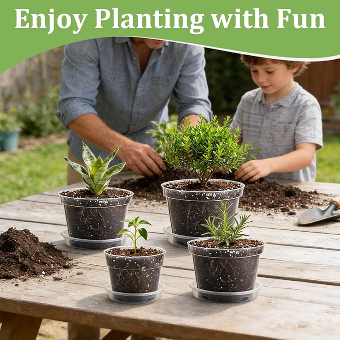 15 Pack 8/7/6 Inch Clear Nursery Pots with Saucer, Transparent Plastic Plant Pot with Drainage Hole, Sturdy Planting Starter Pots for Gardening Flower Herb Vegetable