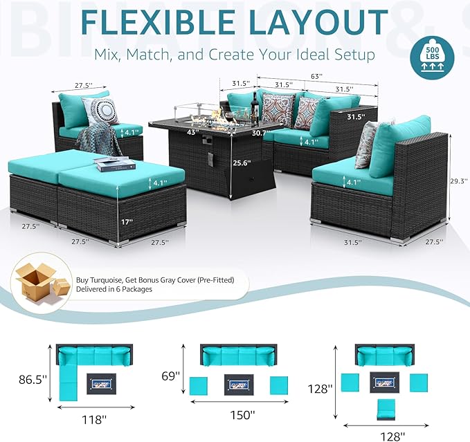 NICESOUL 29.3'' High-Back Outdoor Patio Furniture Set with Firepit Propane & Natural Gas, Oversized Deep Seat Rattan Conversations for Tall People, 7 Piece Couches, 2 Color Cushions Turquoise & Grey
