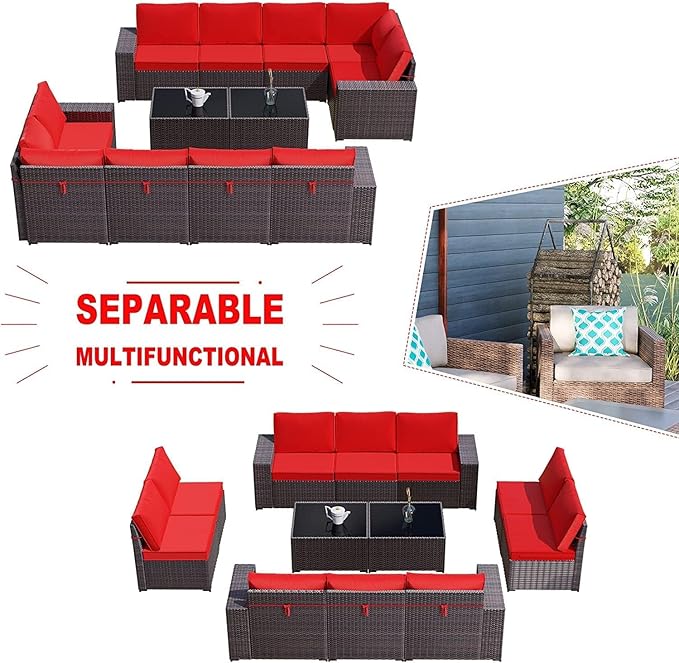 Kullavik 12 Pieces Outdoor Patio Furniture Set PE Wicker Rattan Sectional Sofa Patio Conversation Sets,Red