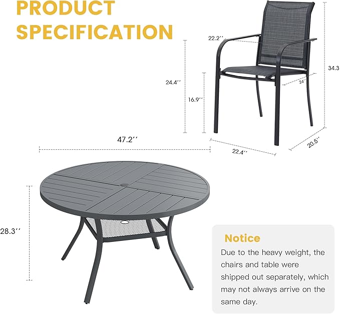 VICLLAX Patio Table and Chair Set of 6, All Weather Metal Round Outdoor Dining Furniture Set-47 Round Outdoor Table and Chairs, Grey Tabletop