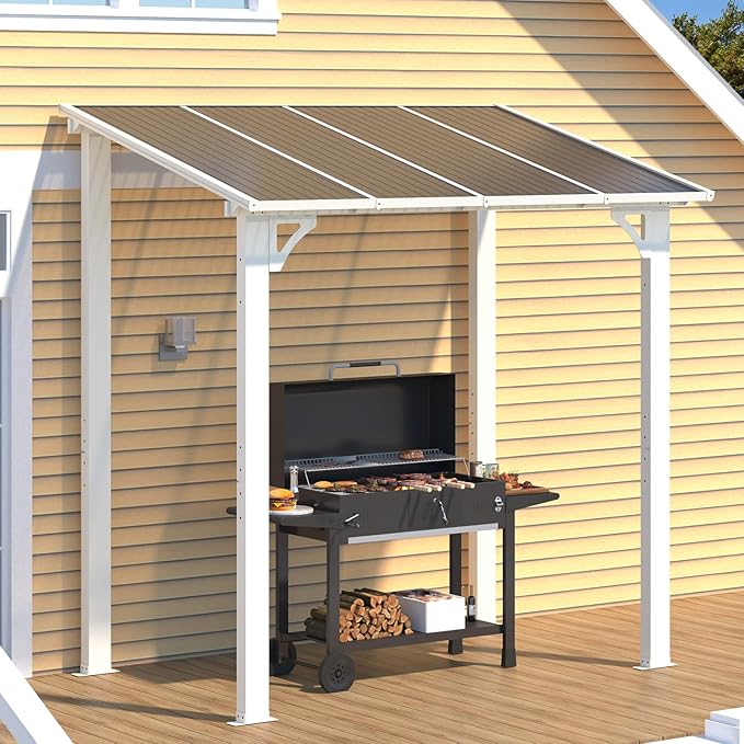 AECOJOY 8' x 5' White Gazebo Outdoor Pergola for Patio, Lean to Hard Top Grill Gazebo Shelter Pergolas and Gazebos Clearance with Roof, Small Wall-Mounted Heavy Duty Awnings for Patio, Decks, Backyard