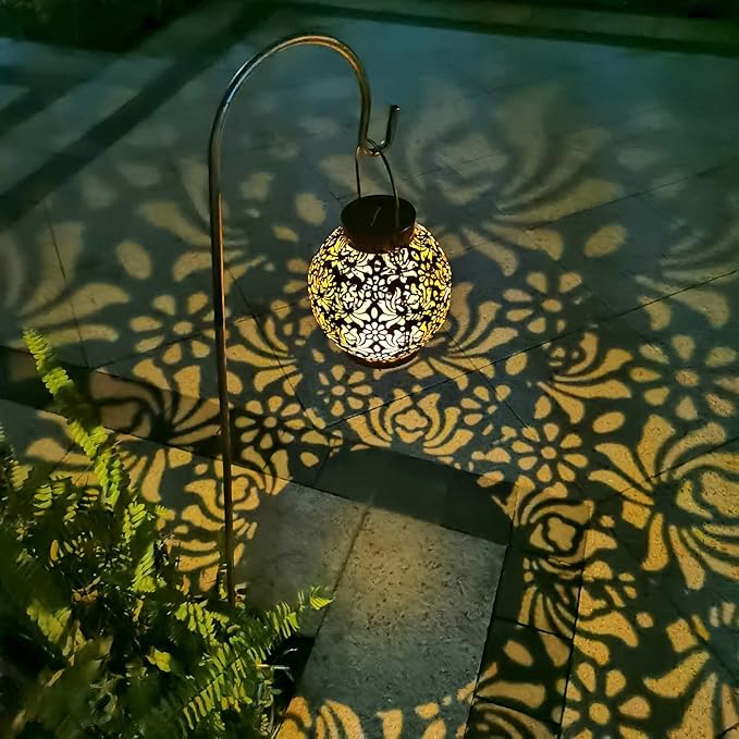 2 Pack Outdoor Solar Hanging Lantern Lights Metal LED Decorative Lamp for Garden Patio Courtyard Lawn and Table with Hollowed-Out Design (Bronze)