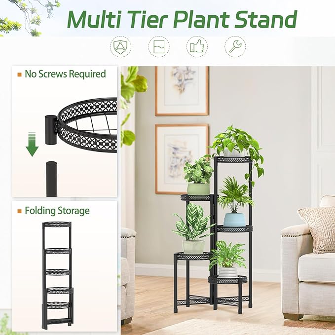 iDavosic.ly Plant Stand Indoor Outdoor, 5 Tier Corner Metal Flower Display Holder Shelf, Easy Assembly Folding Tall Orchid Rack for Patio Balcony Porch Garden Living Room House, Wrought Iron - Modern Black