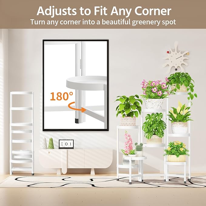 LASZOLA 8 Tiered Folding Plant Stand Indoor for Multiple Large Planter, Tall Heavy Duty Adjustable Rack with Rust Proof Plastic Shelving, Sturdy Vertical Tree Organizer for Narrow Inside Floor, White
