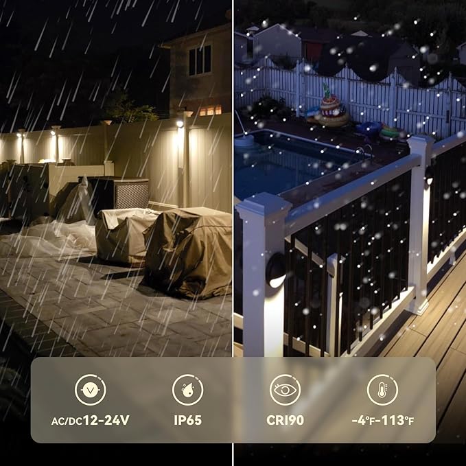 LEONLITE 12-Pack Update 5CCT LED Low Voltage Deck Lights, 180LM 3.74inch Landscape Step Railing Fence Light, 12-24V AC/DC, CRI90, Die-cast Aluminum Housing & Frosted Glass Lens, UL Cord, Black