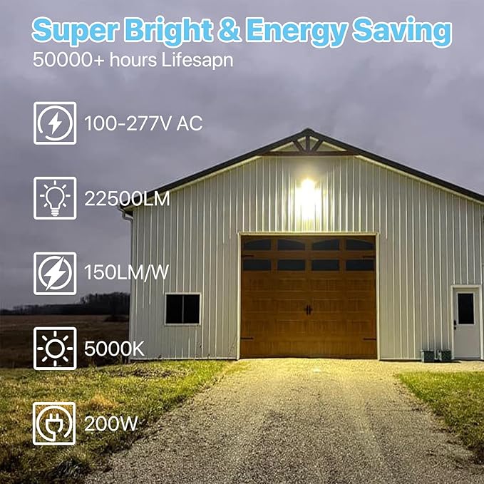 HYPERLITE Parking Lot Light 200W: 30000LM 5000K LED Parking Lot Lights Outdoor with Photocell, Arm & Slip Fitter 2 in 1 Mount LED Pole Light for Parking Lot, Garage, Barn, Roadways, Driveways