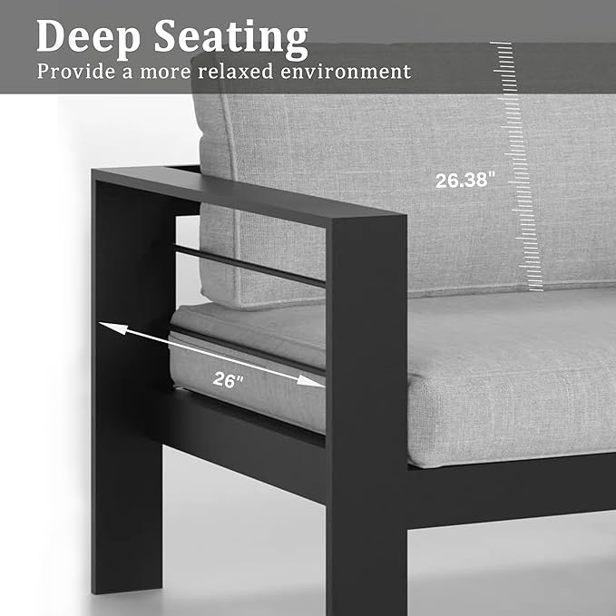 Kiss the Water Outdoor Patio Furniture Loveseat Sofa, All-Weather Metal Aluminum Patio Couch with 5" Thick and Soft Cushion and Wide Arm, Outdoor Couch for Balcony, Porch, Backyard