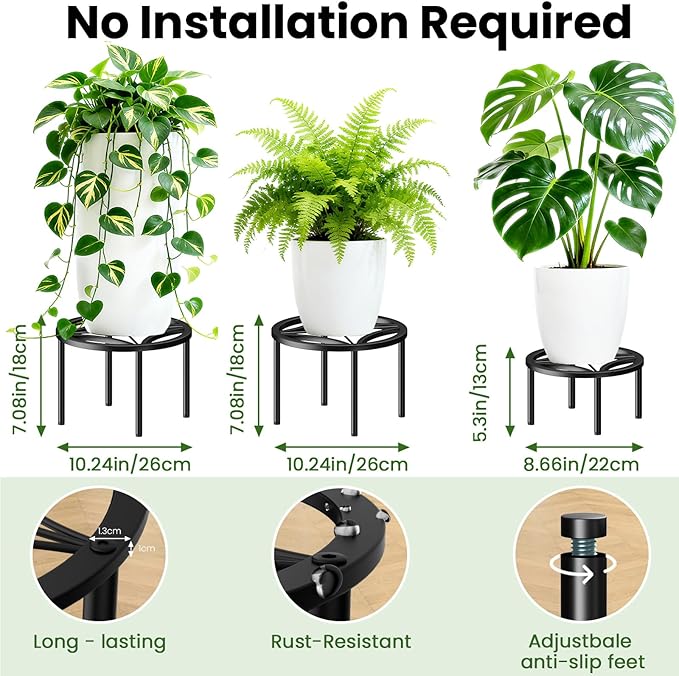 TOSKING 3-Pack Plant Stands - Heavy Duty Low Plant Stand, No Assembly Required Risers for Potted Plants Indoor and Outdoor, Ready to Use(10.24" & 10.24" & 8.66" Diameter)