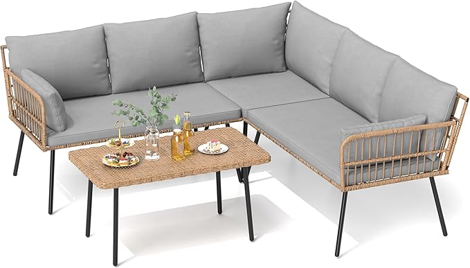 DWVO 4-Piece Outdoor Sectional Sofa Set, All-Weather Wicker L-Shaped 5-Seater Patio Furniture with Removable Cushions & Side Table, Boho Conversation Set for Backyard, Porch, Deck (Grey)