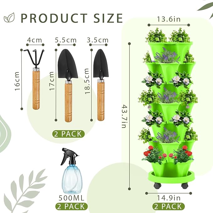 Umigy 2 Set of 7 Tier Vertical Planter Stackable Tower Planters Strawberry Herb Flower and Vegetable Pots Indoor Outdoor Gardening Pots with Removable Wheels and Tools(Light Green)