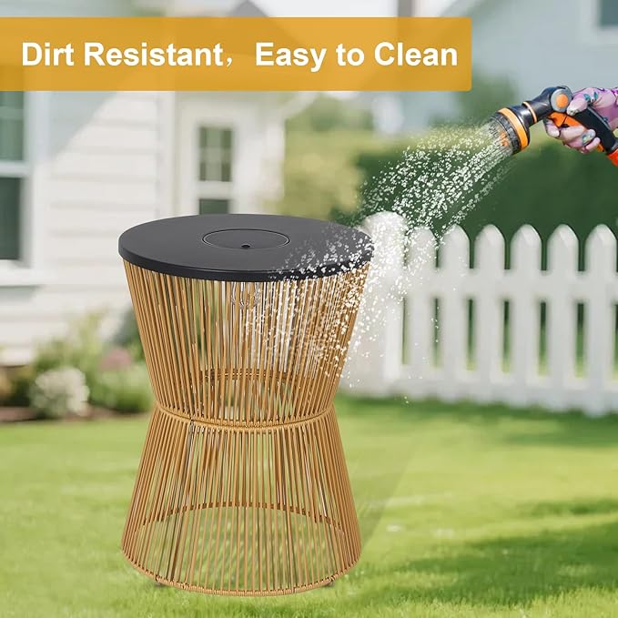 HMVPL Solar Outdoor Side Table with Dimmable Light, Patio Side Tables for Outside, Round Outdoor End Tables Set of 2, Plastic Rattan Patio End Accent Table for Poolside Backyard Gazebo, Dusk to Dawn