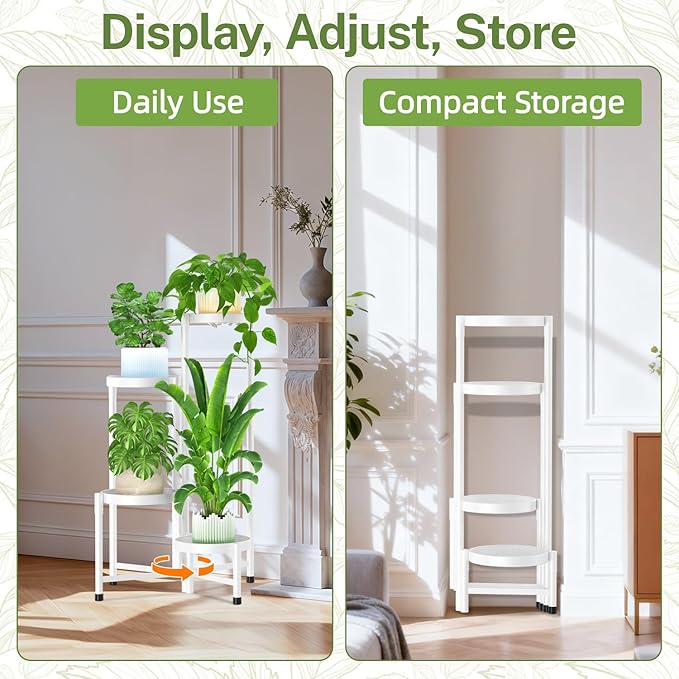 iDavosic.ly Plant Stand Indoor Outdoor, 4 Tier Corner Metal Flower Display Holder Shelf, Easy Assembly Folding Tall Orchid Rack for Patio Balcony Porch Garden Living Room House, White