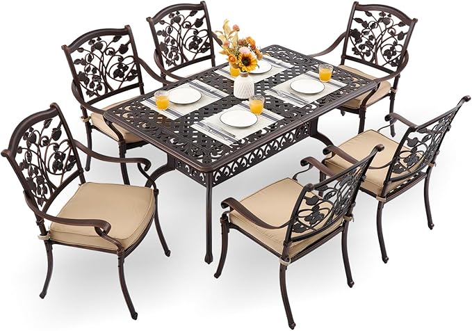 7-Piece Cast Aluminum Patio Furniture, Patio Dining Set for 6 Include 59" Rectangular Outdoor Dining Table and 6 Stackable Chairs with Cushions & Umbrella Hole (Copper Red)