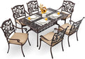 7-Piece Cast Aluminum Patio Furniture, Patio Dining Set for 6 Include 59" Rectangular Outdoor Dining Table and 6 Stackable Chairs with Cushions & Umbrella Hole (Copper Red)