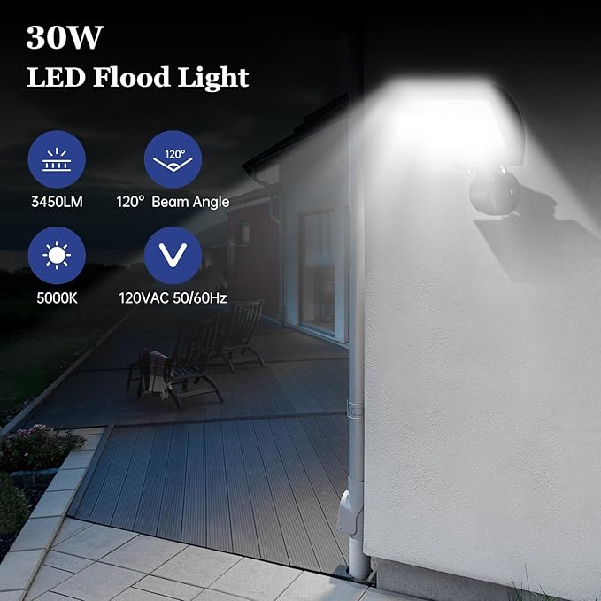 dephen 30W LED Flood Lights Outdoor with Knuckle Mount, 3450Lumen 120V Landscape Lighting, 5000K IP65 Waterproof Security Spotlight for Yard Patio Garden House (UL-Listed)