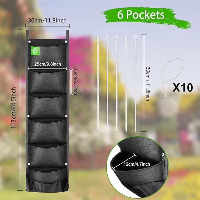 ANGTUO 6 Pockets Hanging Planters for Outdoor Plants, One Pack Wall Planter Vertical Garden, Hanging Plant Holder for Railing, Balcony, Fence
