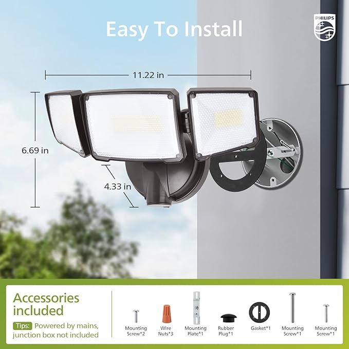 Philips 72W 7400LM LED Flood Lights Outdoor, Switch Controlled Aluminum Security Lights, 3 Adjustable Heads, Wall Mount, 5000K Daylight, Waterproof for Yard, Garage Brown