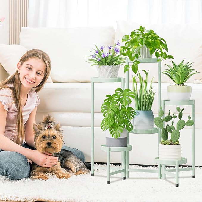iDavosic.ly Plant Stand Indoor Outdoor, 6 Tier Corner Metal Flower Display Holder Shelf, Easy Assembly Folding Tall Orchid Rack for Patio Balcony Porch Garden Living Room House, Light Green