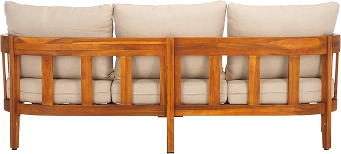 SAFAVIEH Outdoor Collection Owen Acacia Solid Wood Natural/Taupe Cushion 3-Seater Sofa