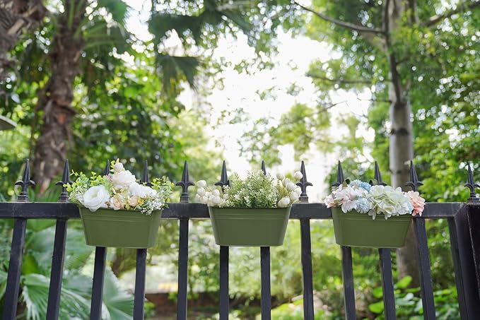 Dahey 10.5 Inch Metal Iron Hanging Flower Pots for Railing Fence Hanging Bucket Pots Countryside Style Outdoor Planter Window Flower Plant Holder with Detachable Hooks Home Decor,Green,3 Pcs