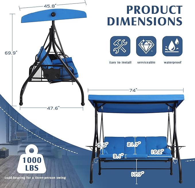 Grepatio Outdoor Porch Swing with Canopy and Stand, 3 Person Patio Swing for Adults, Convertible 2 in 1 Porch Bed Swing with Cup Holder, 3 Seat Swings with 2 Pillow Cushions for Garden, Yard (Blue)