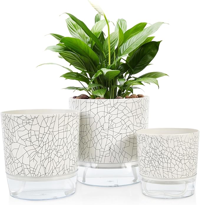 Self Watering Pots for Indoor Plants, 6 & 5 & 4 Inch Stylish Flower Pots, Set of 3 Modern Planters with Self-Watering Feature (Crack Texture)