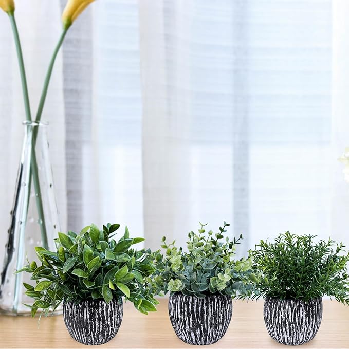 Winlyn Set of 3 Artificial Potted Plants Faux Eucalyptus Rosemary Boxwood Greenery in Black & White Concrete Pots Small Fake Plant for Indoor Outdoor Home Office Table Shelf Windowsill Greens Décor