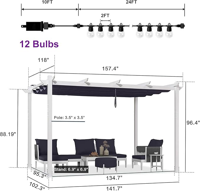 PURPLE LEAF 10' x 13' Patio Aluminum Pergola Outdoor White Heavy-Duty Retractable Metal Pergola with Double Sun Shade Canopy and Light for Backyard Gardens Deck, Navy Blue