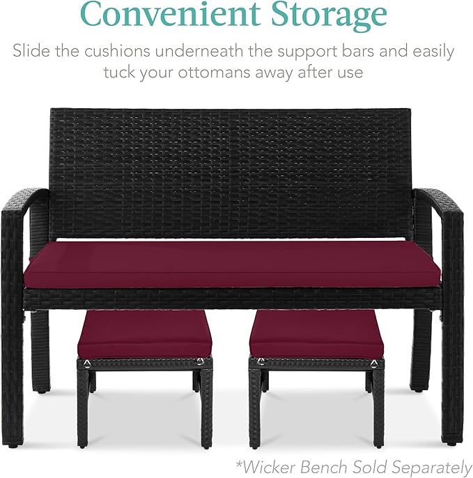 Best Choice Products Set of 2 Wicker Ottomans, Multipurpose Outdoor Furniture for Patio, Backyard, Additional Seating, Footrest, Side Table w/Removable Cushions, Steel Frame - Deep Burgundy/Black