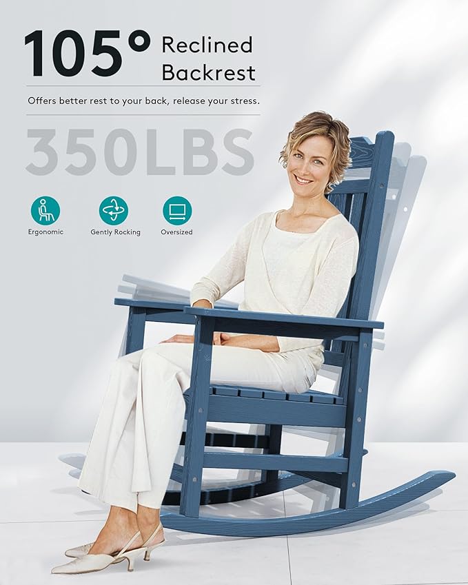 SERWALL Outdoor Rocking Chair Blue Set of 8, All Weather Patio Rocking Chair, HDPE Poly Rocking Chair for Adults, Heavy Duty Front Porch Rocker