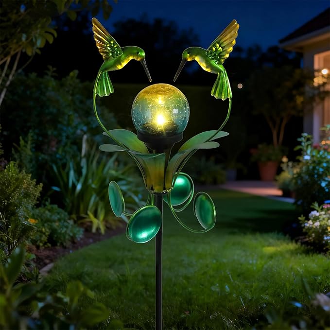 Solar Lights Outdoor Metal Garden Stake Waterproof Crackle Glass Globe Garden Decor Green Hummingbird for Pathway, Lawn, Patio, Yard
