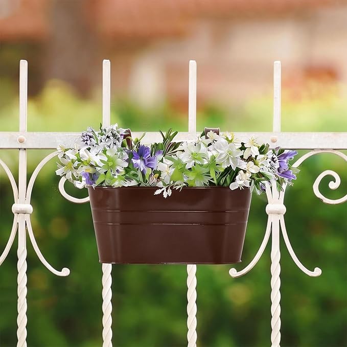 3 Pack Metal Railing Planters, 10.5" Oval Hanging Flower Pots with Detachable Hooks & Drainage Holes, Fits Rails up to 2.36", Galvanized Iron Fence Bucket for Balcony Garden Patio - Chocolate