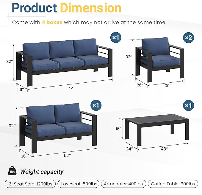 Solaste Aluminum Outdoor Patio Furniture Set, 7 Seats Patio Sectional Sofa with 5" Thick Cushion, Outdoor Patio Set with Coffee Table for Porch, Backyard, Deck, Yard, Blue