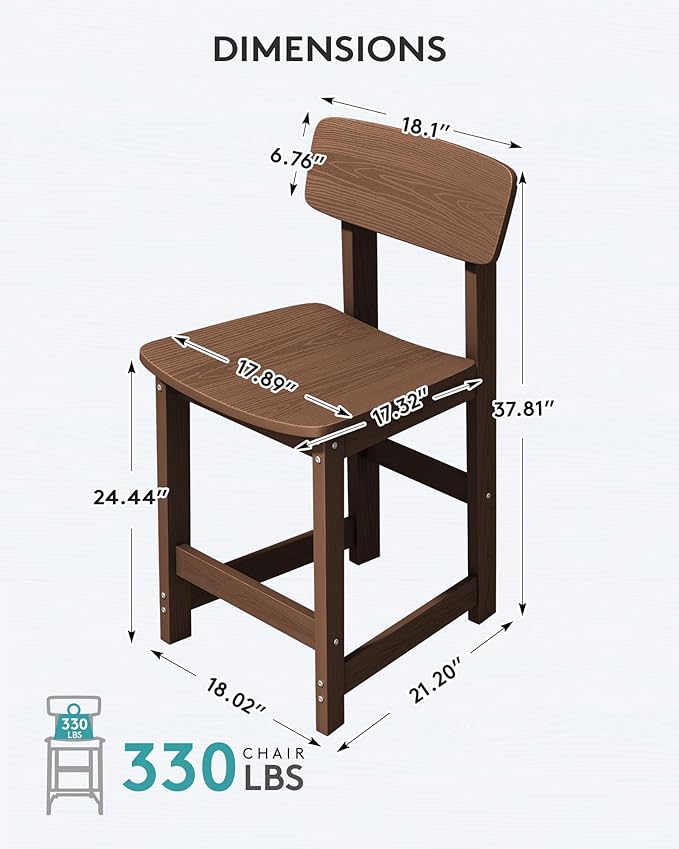 SERWALL Outdoor Bar Stools Set of 2, All Weather HDPE 25" Counter Height Bar Stools with Back, Outdoor Armless Barstools for Patio, Garden, Backyard, Balcony, Poolside, Brown