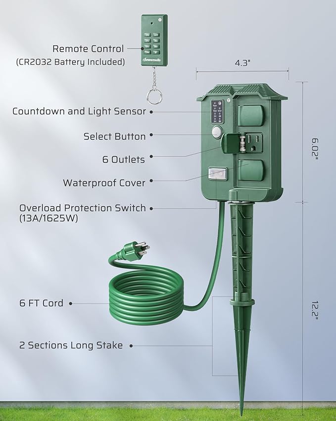 DEWENWILS Outdoor Power Stake Timer Waterproof, 6 Grounded Outlets, 6FT Extension Cord, 100FT Wireless Remote Control, Photocell Dusk to Dawn Timer for Lights, Yard, Garden, UL Listed