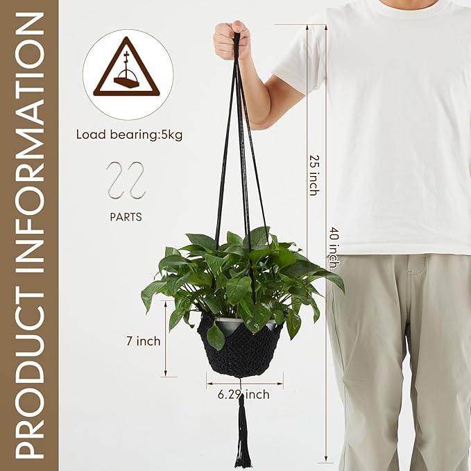 Shappy 2 Pack Jute Crochet Long Plant Hanger for 3 Inch to 12 Inch Pots, Macrame Plant Holder Rope with S Shaped Hooks for Halloween Home Decor (Black)