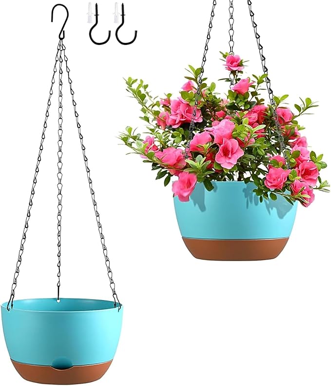 Hanging Planters for Indoor Plants, Set of 2 8/10 Inch Self-Watering Hanging Pots with Drainage Hole & Removable Water-Storage Tray II Screw-in Hooks