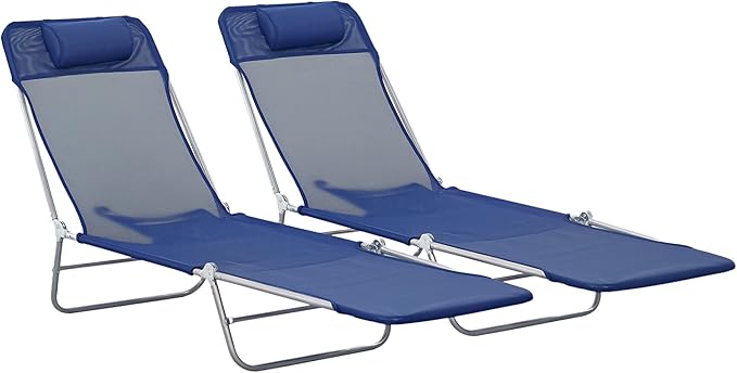 Outsunny 2 Piece Folding Chaise Lounge Chairs, Pool Sun Tanning Chairs with Reclining Back, Breathable Mesh Seat, Headrest for Beach, Yard, Patio, Dark Blue