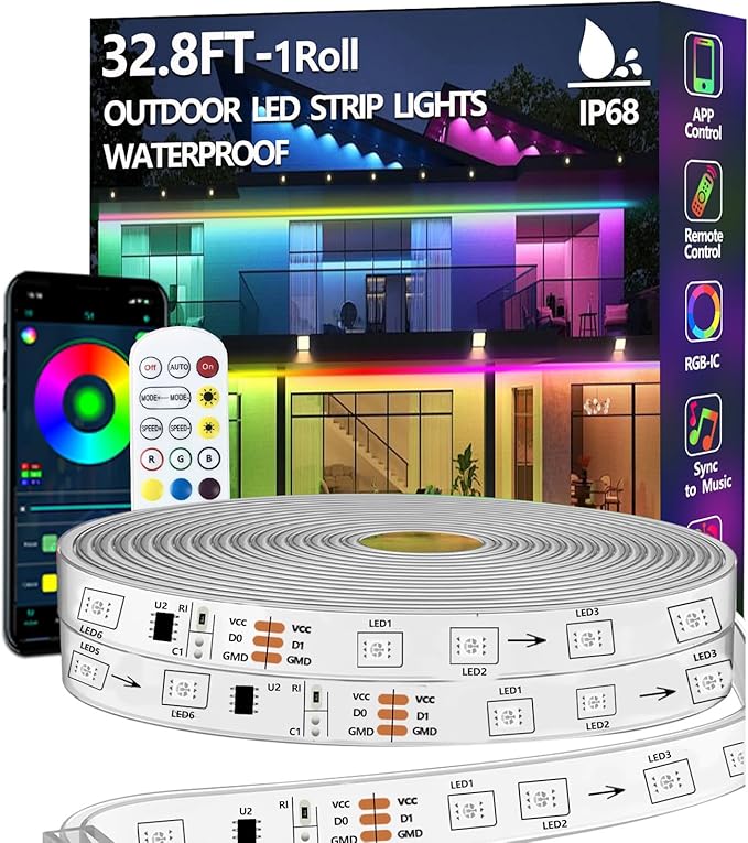 32.8FT Outdoor LED Strip Light Waterproof,IP68 Outside RGB+IC Light Strip with App/Remote Control,Chase Mode,Music Sync Rope Light for Balcony,Deck,Rooftop,Garden,Pool