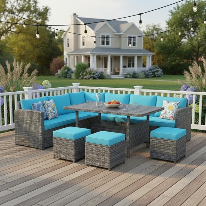 Tangkula 7 Pieces Patio Furniture Set, Outdoor Sectional Rattan Dining Sofa Set with Cushions, All Weather Wicker Conversation Couch Set with Dining Table & Ottomans for Yard Garden Poolside