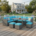 Tangkula 7 Pieces Patio Furniture Set, Outdoor Sectional Rattan Dining Sofa Set with Cushions, All Weather Wicker Conversation Couch Set with Dining Table & Ottomans for Yard Garden Poolside