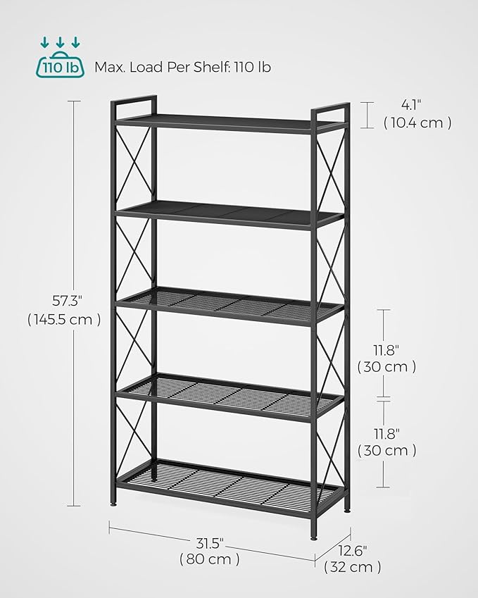 SONGMICS 5-Tier Metal Storage Rack, Shelving Unit with X Side Frames, Dense Mesh, 12.6 x 31.5 x 57.3 Inches, for Entryway, Kitchen, Living Room, Bathroom, Industrial Style, Ink Black UBSC185B01