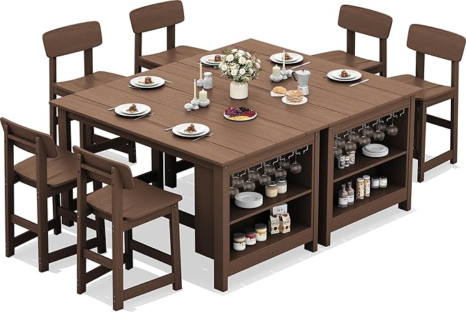 SERWALL 8-Piece HDPE Counter Height Dining Table Sets with Storage and Wine Rack, 2 Rectangular Bar Table with Bar Stools Set of 6 for Garden, Backyard, Kitchen, Brown