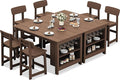 SERWALL 8-Piece HDPE Counter Height Dining Table Sets with Storage and Wine Rack, 2 Rectangular Bar Table with Bar Stools Set of 6 for Garden, Backyard, Kitchen, Brown