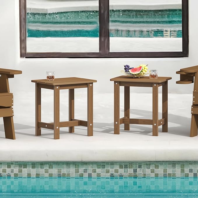 LUE BONA Outdoor Side Table Set of 2, HDPS Small Outdoor Table, Adirondack Side Table, Outside End Table for Patio, Porch, Deck, Pool, Weather Resistant/Easy Maintenance/Indoor or Outside Use, Brown