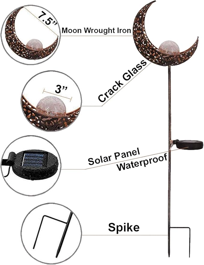 Solar Garden Light Outdoor Decorative, Moon Decor Crackle Glass Globe Garden Stake Metal Lights，Waterproof Warm White LED for Pathway, Lawn, Patio, Yard Ornaments for Outside
