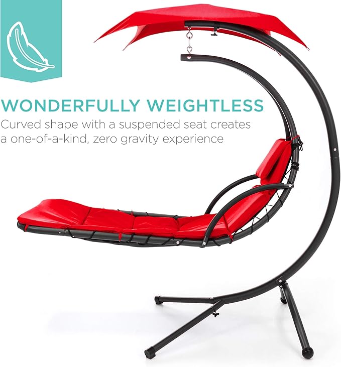 Best Choice Products Outdoor Hanging Curved Steel Chaise Lounge Chair Swing w/Built-in Pillow and Removable Canopy - Red