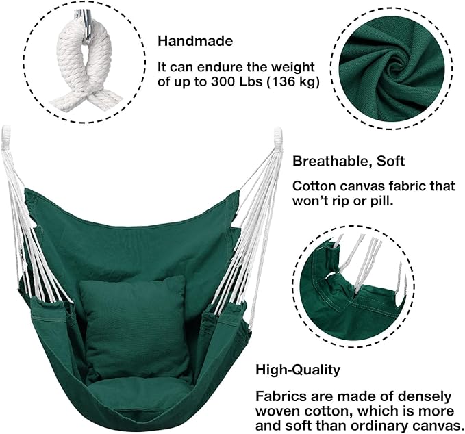 Hommtina Hammock Chair Hanging Rope Swing, Max 300 Lbs Hanging Chair with Pocket & Durability Perfect for Outdoor, Home, Bedroom, Patio, Yard (Pillows NOT Included,Dark Green)